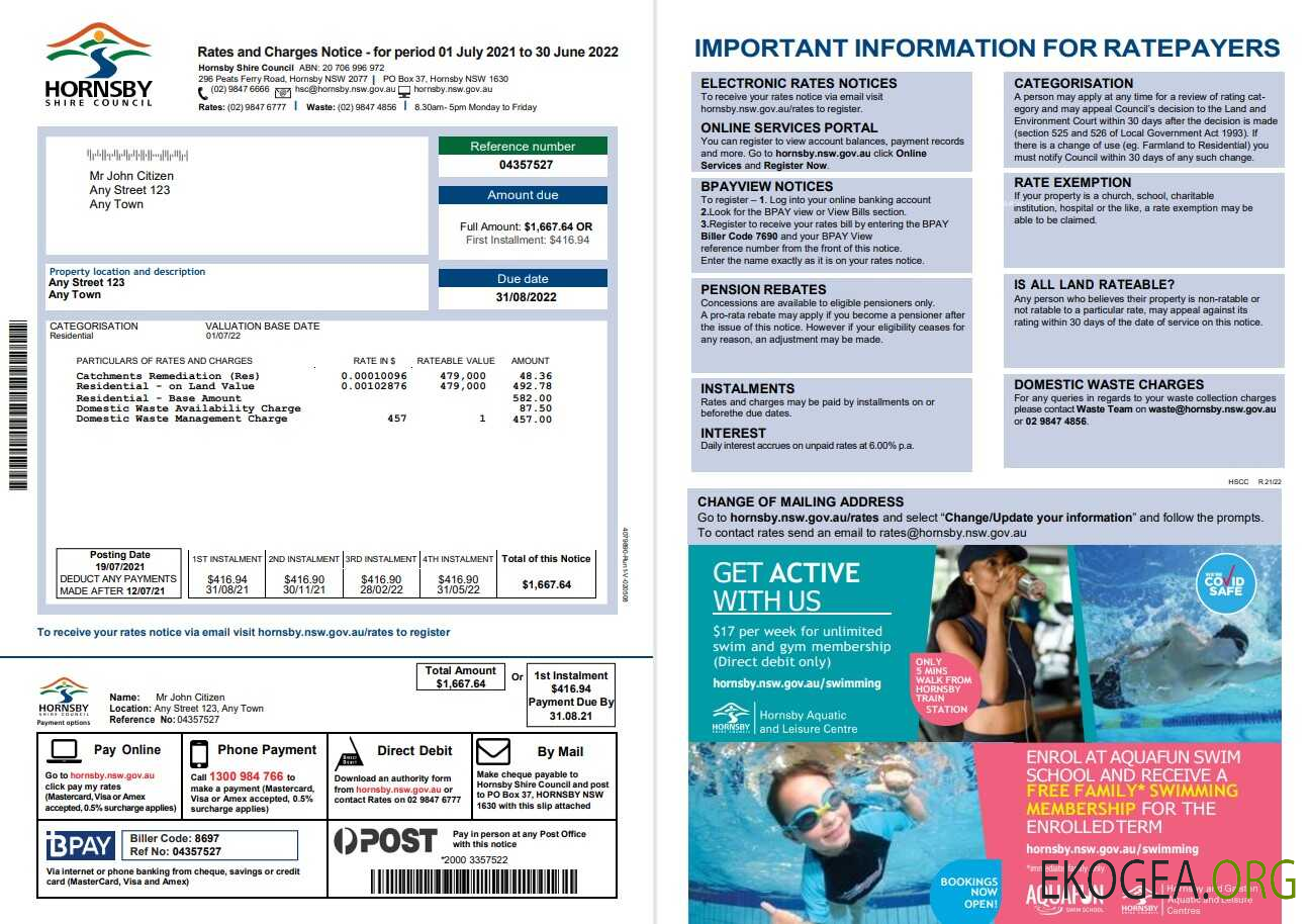 Australia NSW Hornsby Shire Council utility bill, Word and PDF template, 2 pages